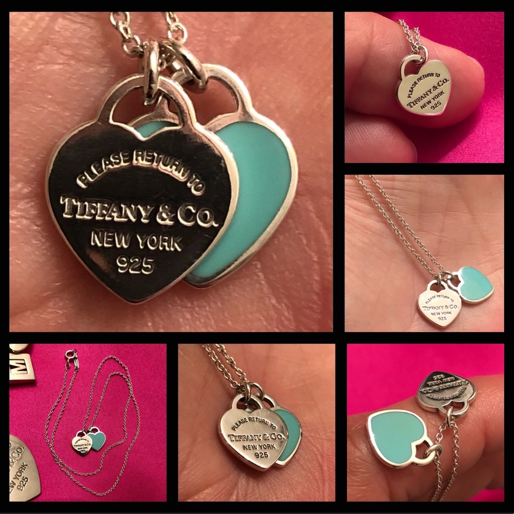 ✨✨✨SOLD✨✨✨ Return to Tiffany Blue Enamel Double Mini Heart Tag Necklace - Picture 1 of 11